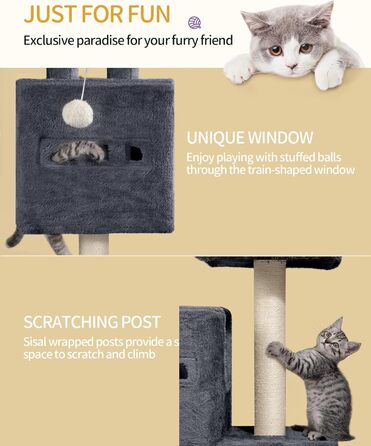 Дерево для котів Hzuaneri, 98 см, зі стійкою конструкцією, великою лежанкою, котячою печерою, сизалевими стовпчиками, кошиком та іграшками, сірий колір MS10018SG