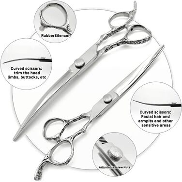 Професійна ножиця для грумінгу собак 7,5 дюймів: набір ножиць для догляду за собаками (вигнуті, прямі, розріджувальні)