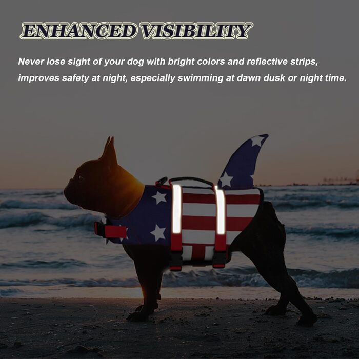 Жилет для плавання для собак Dogcheer з плавниками акули, американським прапором, світловідбиваючими смугами та ручкою для порятунку, регульований, з високою плавучістю, для цуценят, собак середніх та великих порід, червоний та темно-синій