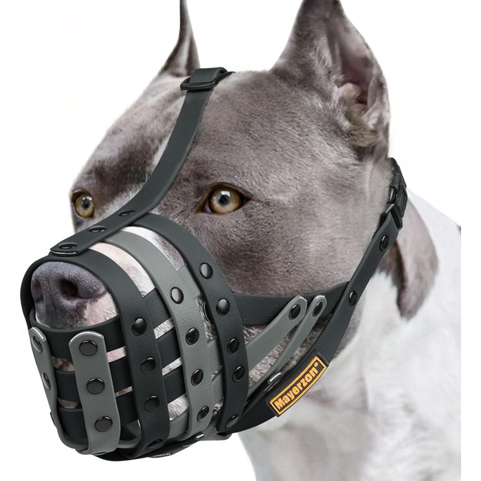 Нашийник-маска для собак Mayerzon Pitbull, L (обхват морди 29-33 см), чорний/сірий. Захист від укусів, безпечний для грумінгу та візитів до ветеринара.