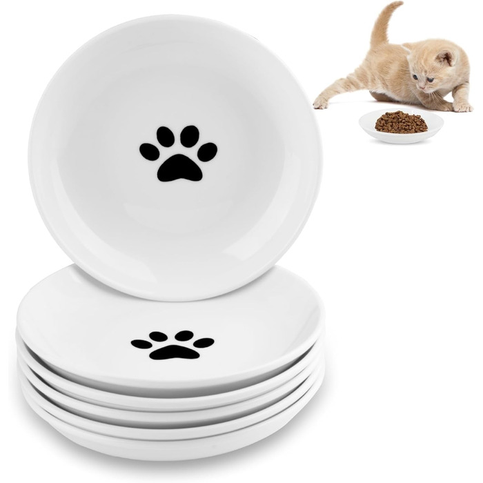 Набір мисок для котів CROUTE 6 шт. з кераміки - широкі миски для котів, анти-високочування, білий колір, з принтом лапки