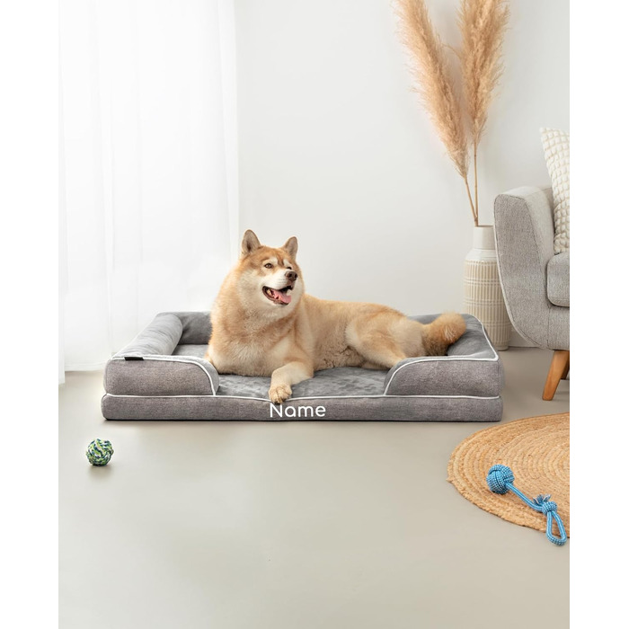 Ортопедичне ліжко для собак Lionto з піднятим бортиком, 89x63x17 см, м'яке крісло для собак з фланнелю, знімний та пральний чохол, неслизьке, для маленьких та великих собак та котів, сіре (з нанесенням імені)