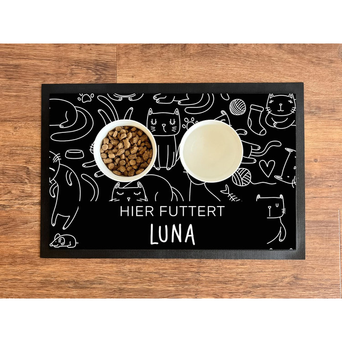 Підкладка для котячого годування з іменем, персоналізована, чорна, 40x60 см