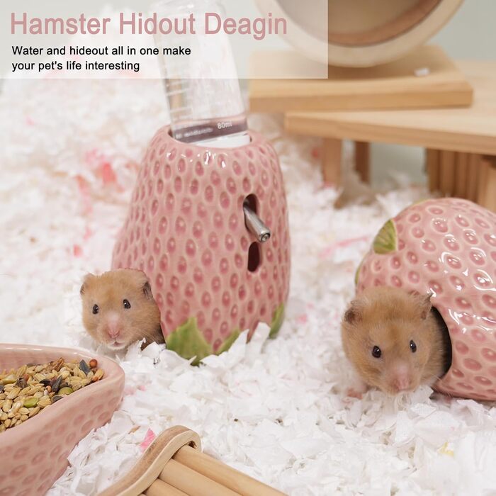 Келіві Водяна пляшка для хом'яків, керамічна, у формі полуниці, 80 мл, з двома некраплями, для сирійських хом'яків, мишей, ґризунів (червона)