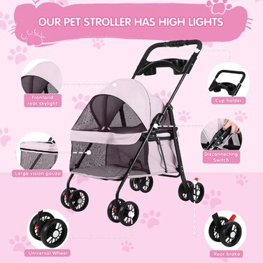 Візок для тварин для маленьких собак та котів, складної конструкції, з 4 колесами, легкий, з дихаючим мережем та тримачем для напоїв, для котів та собак до 7,5 кг (рожевий)
