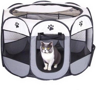 Клітка-вигул для цуценят та дрібних тварин 74x74x43 см – складана клітка для собак та котів – сірого кольору з принтом лапи