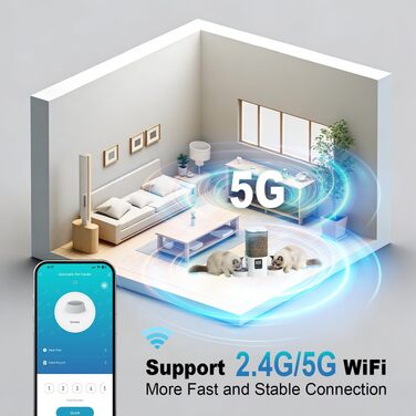 Автоматичний годувальник для котів та собак з WiFi 2.4G/5G, 6 л, з подвійним лотком, голосовим записом та таймером на 10 порцій, білий