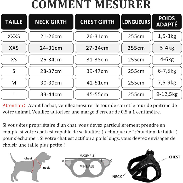 Нашийник для котів Qianruida з повідком, регульований, зручний, дихаючий, світловідбиваючий (Чорний, XXS)