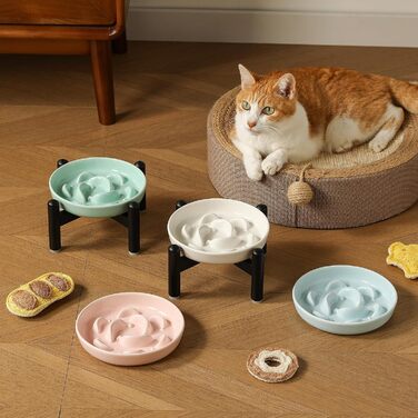 Антислизький годівниця для котів з кераміки з металевим підставкою - Підвищена годівниця проти заковтування - Лабіринтова миска для повільного годування - Рожева миска + метал - Рожевий колір