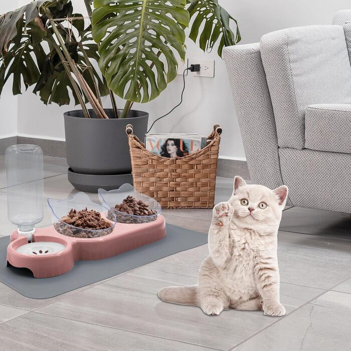 Набір мисок для котів та собак з диспенсером води, килимомком та лопаткою. Нахил 15°, миски для вологого та сухого корму, рожевий колір