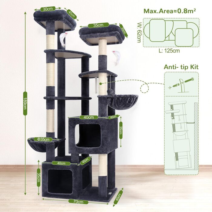 Драбина для котів Globlazer XXL (189 см) з великою печерею та платформами, 2 лежаками, 2 кошиками, стабільна конструкція, темно-сірий