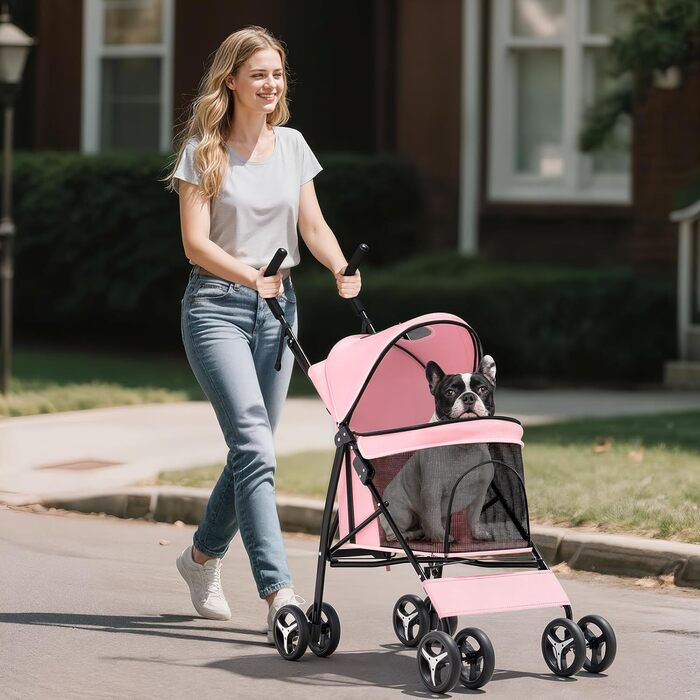 Візок для собак маленьких порід, 4,5-10 кг, візок для цуценят, візок для середніх собак, візок для котів, візок для 2 котів, з багажником, леопардовий принт (рожевий)