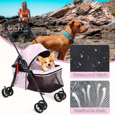 Дитяча коляска для домашніх тварин на 4 колесах для собак та котів, складана, з тримачем для напоїв, дихаючим сітковим вікном, портативна переноска для тварин (Рожева)