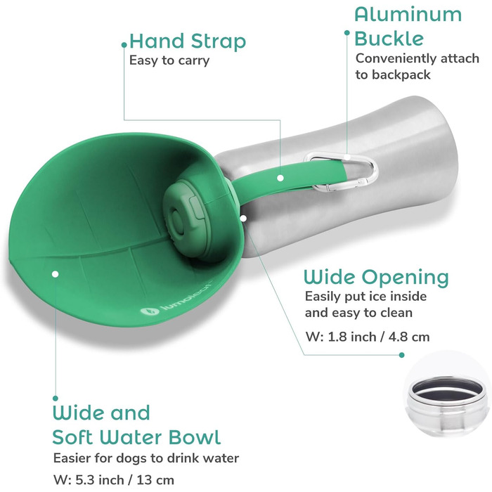 ЛьюмоЛіф - пляшка для води для собак, 800 мл, нержавіюча сталь, портативна, для подорожей, хандер, кемпінг (зелена)