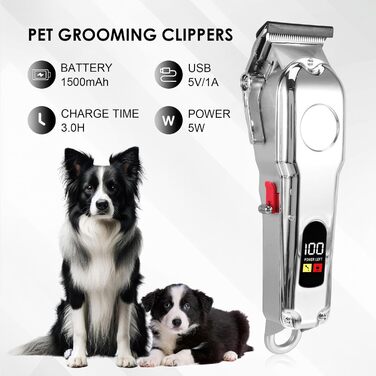 Професійна машинка для стрижки собак, для густого волосся, тиха, бездротова, акумуляторна, з LED-дисплеєм, 10 насадок для собак та котів