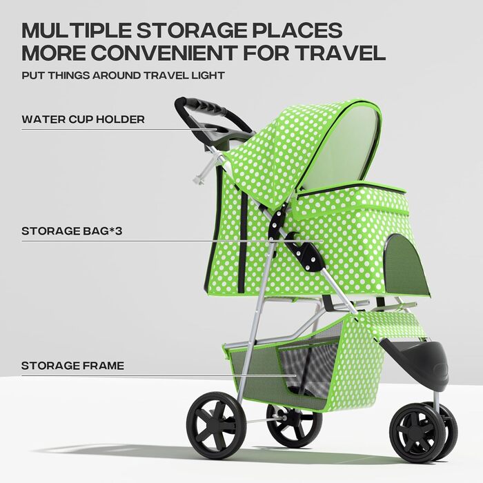 Візок для тварин: для собак та котів, 3 колеса, складний, з кошиком та тримачем для напоїв (зелений з візерунком)