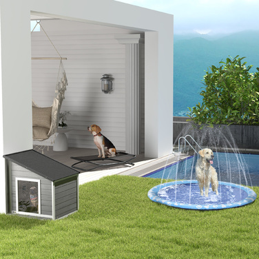 PawHut Dog House Атмосферостійка будка для собаки з ялинового дерева з асфальтовим дахом і дверною шторою сіра 71x58x53/77см для маленьких собак