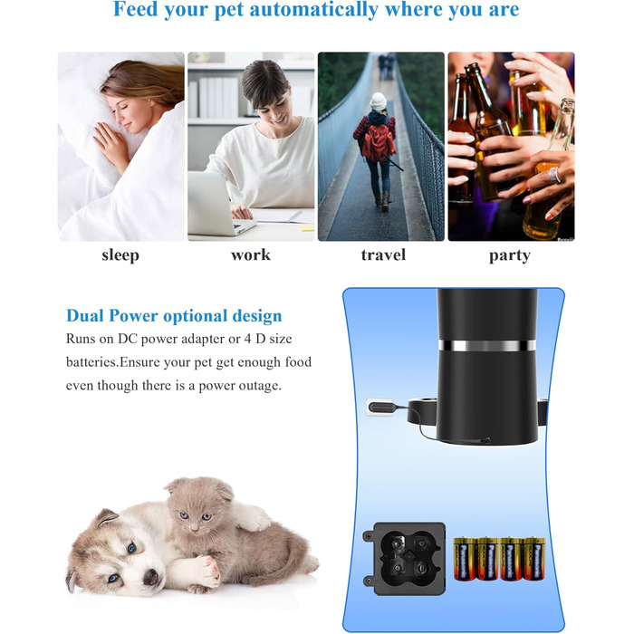 Автоматичний годівниця для котів та собак WellToBe Smart з Wi-Fi, таймером, функцією запису голосу та керуванням через додаток, до 6 прийомів їжі на день (чорний)