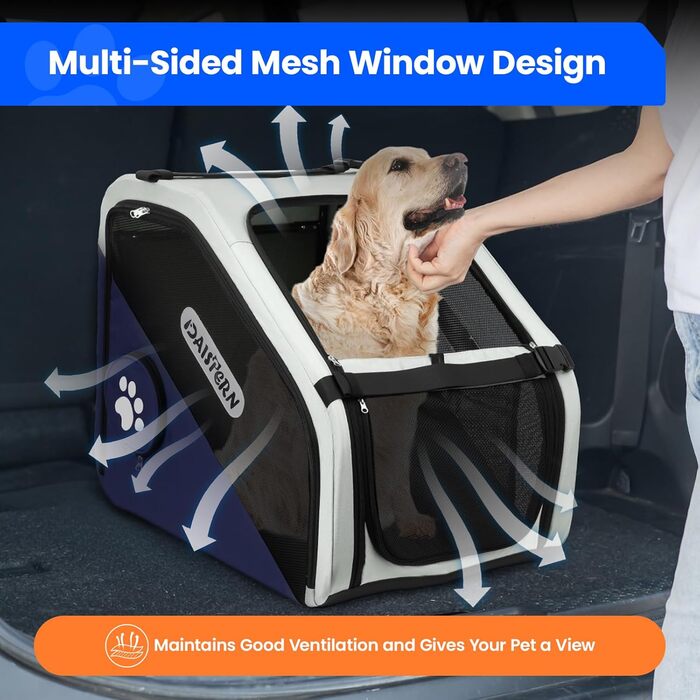 Складана переноска для собак у машину та в подорожі, портативна сумка-переноска для маленьких та середніх собак, швидке складання за 1 хвилину, міцна металева рама, дихаючі сітчасті вікна та зручний доступ (Блакитна)