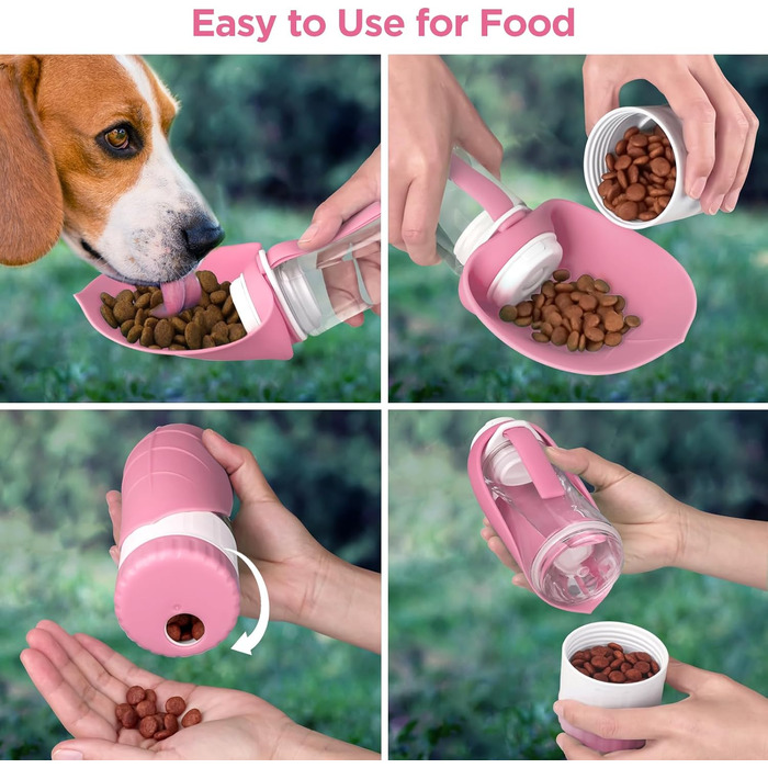 Водяна пляшка для собак Uppetly з контейнером для корму та дозатором води, витокозахисна, BPA-free, портативна, складана, для прогулянок, рожева
