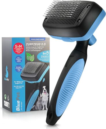 Щітка для собак та котів BluePet для довгої шерсті - видаляє підшерсток, ковтуни та вузли. Версія 2.0 з кнопкою для очищення. Для щоденного використання (Блакитна)
