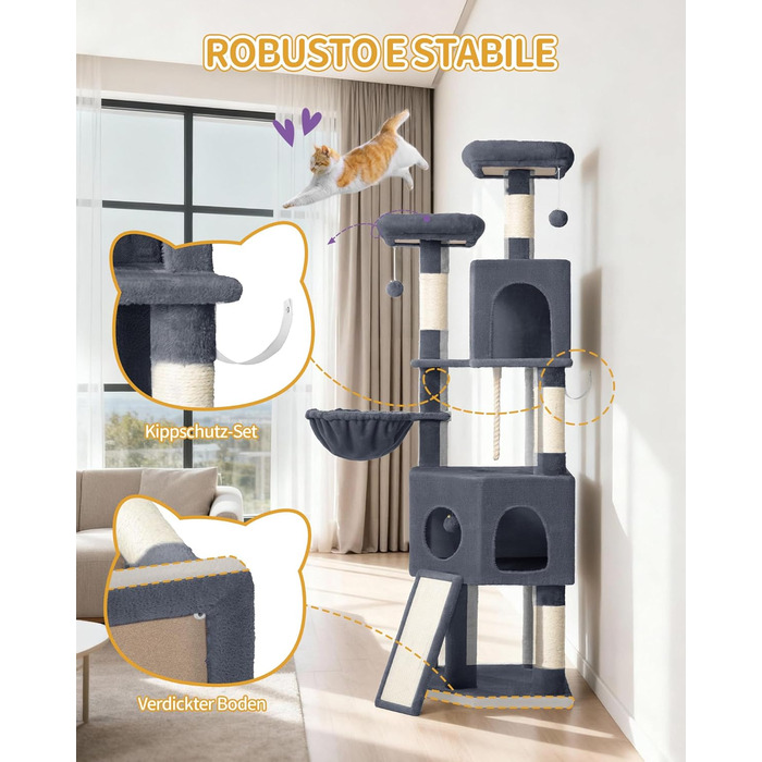 Кігтеточка для котів Hzuaneri, 174 см, XL, 2 платформи, 2 печери, 4 стовпчики, дошка для заточування кігтів, мотузка з сизалю, плюшеві кульки, для багатокотових сімей, MS17418LG (Темно-сірий)