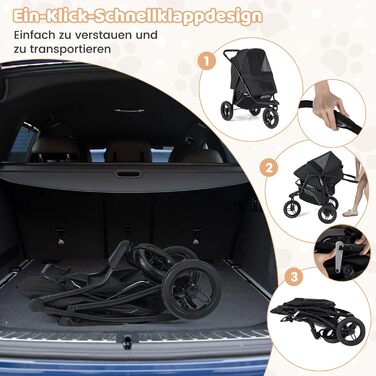 Візок для тварин Costway, розкладний, до 25 кг, для собак та котів, 3 колеса, регульоване сонцезахисне дах, сітчасте вікно, кошик та подушка, чорний