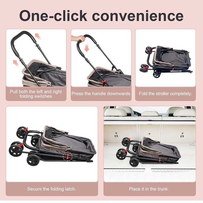 Складаний візок для тварин Tierwagen для собак та котів, легкий та компактний, знімний кошик, темно-персиковий/темно-сірий