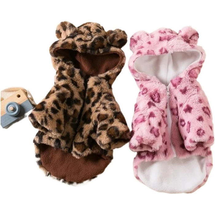 Теплий зимовий халат для собак та котів з капюшоном у леопардовому принті, метод Bucket Teddy, для маленьких та середніх порід (Рожевий, M)