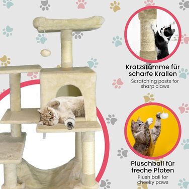 Кігтеточка-будиночок для котів DEFACTO, 143 см, з 4 кігтеточками, 2 платформами, гамаком (BEIGE)