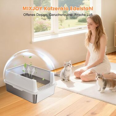 Лоток для котів із нержавіючої сталі MIXJOY XL, великий відкритий туалет для котів на 28 л з високими бортиками та совком, сріблястий (44x34x21 см)