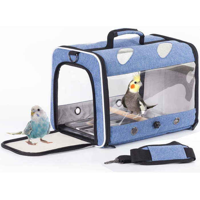 Транспортний бокс для папуг Orizzp Vogel з дерев'яною перекладиною та піддоном (блакитний)