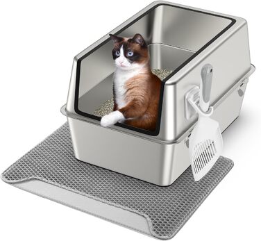 Котячий туалет із нержавіючої сталі з кришкою XL, велика металева туалетна коробка з високими бортиками, з лопаткою, двошаровим килимком і педаллю