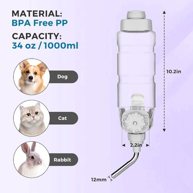 Автоматична поїлка для собак і кроликів Vannon, антипроливна, для клітки, BPA-free, верхнє наповнення, діаметр 12 мм