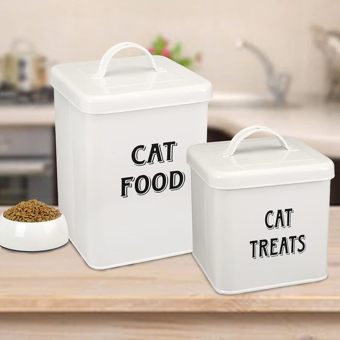 Контейнери для корму Morezi (2 шт.), з вуглецевої сталі, з герметичним кришкою та ложкою, для зберігання корму для собак, котів та інших тварин. Білий колір.