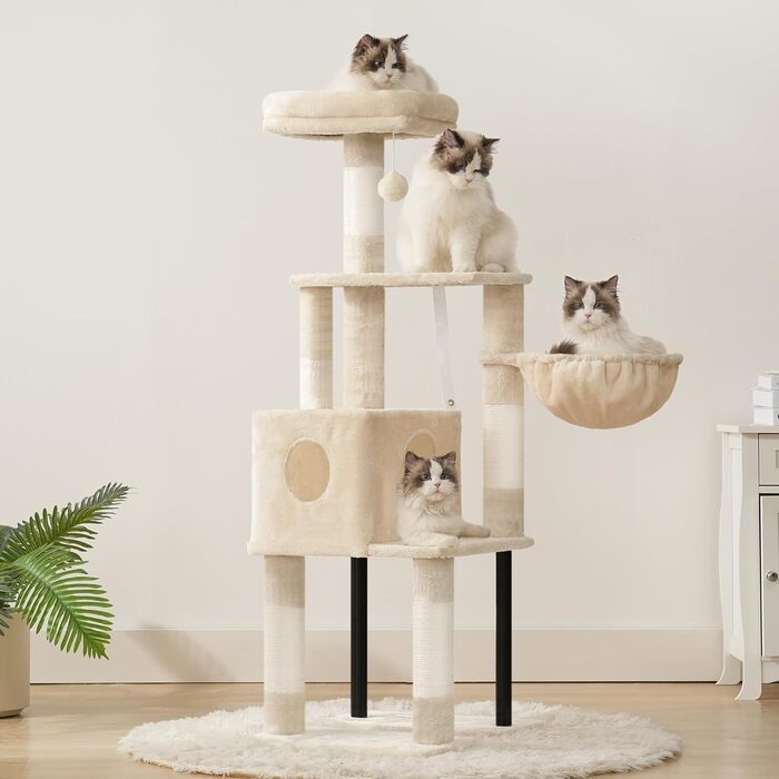 Комплекс для котів Heybly Kratzbaum 125 см: Дряпка-стовпчик з будиночком, полицями та іграшкою, бежевий