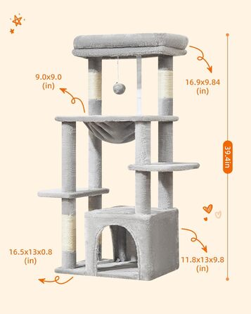 Когтеточка Taoqimiao 100 см для котів, світло-сіра, з будиночком, м’якою гамаком і сидінням, для домашніх котів та кошенят