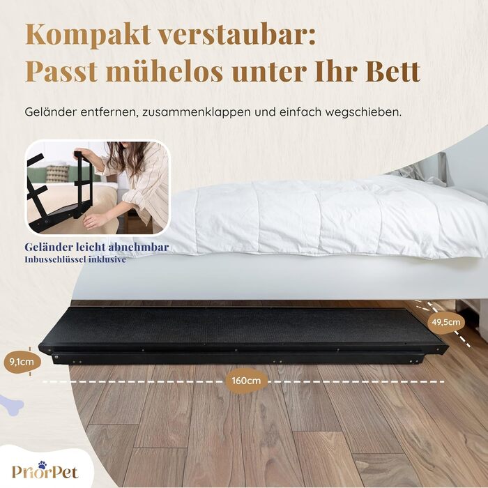 Східці для собак до ліжка з захисним бар'єром - для великих собак до 90 кг - регульована висота до 94.5 см - ширина 49.5 см - складані - антиковзні ручки - береза - натуральний колір (чорний)