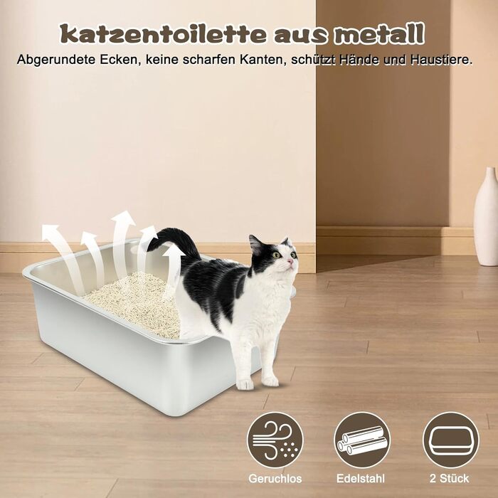 Металева котяча туалетна лоток RANYPET з нержавіючої сталі, відкритий, для кошенят і кроликів, 2 штуки, антиплямовий, без запаху, легкий у догляді, 45×35×15 см
