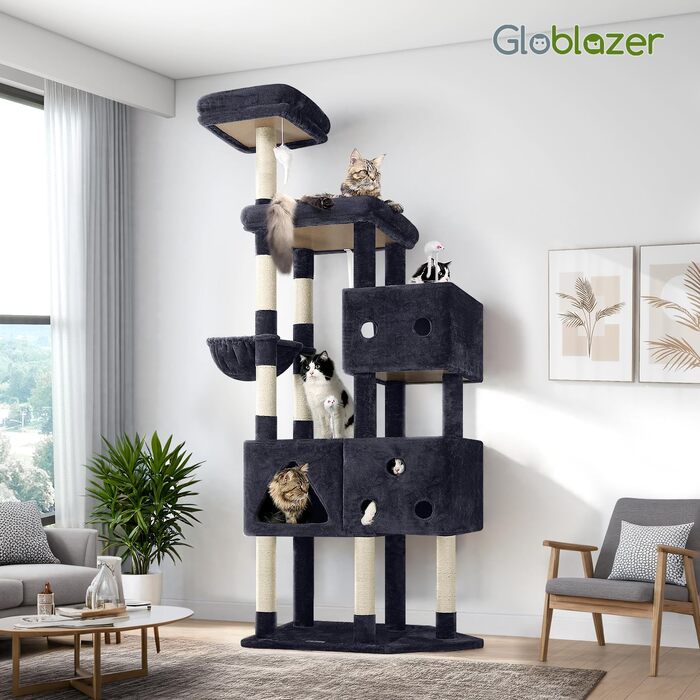 Комплекс для котів Globlazer XXL 207 см з будиночком 45x35 см, платформами, стовпчиками обмотаними сизалем (8 шт.) для великих котів, темно-сірий