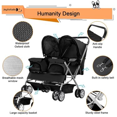 Візок для собак Joyfultails, двомісний візок для домашніх тварин та дітей, складаний візок для 2 собак та котів, двомісний переноска, візок-тандем для собак, візок для подорожей з домашніми тваринами з місцем для зберігання (Чорний)