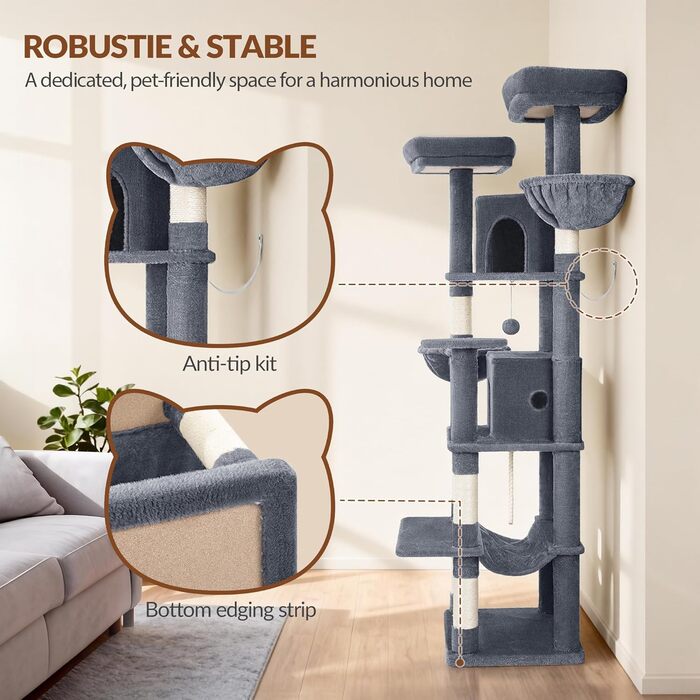 Драбина для котів Kratzbaum Groß 216 см, XXL розмір, стабільна з крізьолунами, 2 затишні будиночки, 2 платформи, 2 кошики, гамак, для дому, FPMS007FG1 (60 x 50 x 216 см, темно-сірий)