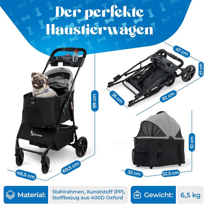 Візок для собак Tierbox до 10 кг, для маленьких собак та котів, сірий, складний, QuickFold