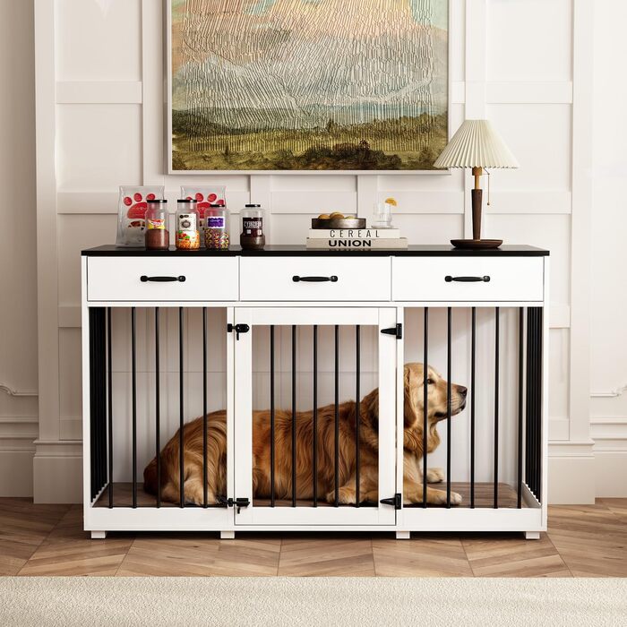 Клітка для собак з 3 ящиками, 137x57x85 см, клітка-будка для собак середніх порід, переноска для собак, білий та чорний колір, для дому