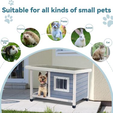 Будка для собак та котів Petsfit з масиву дерева, з балконом, терасою та вікном, утеплена, водонепроникна, для вулиці, 85x62x58 см, світло-сіра