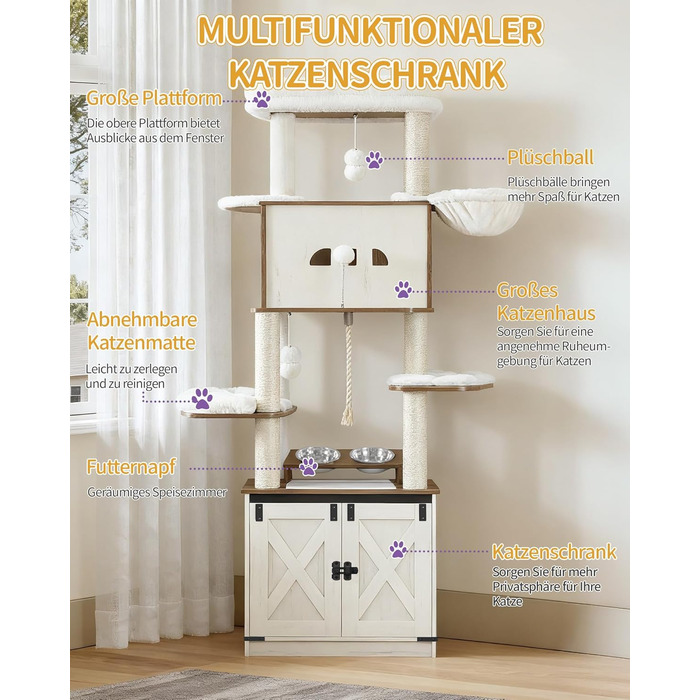 Драбина-кіготь для котів з туалетом, годівницею, 173 см, велика платформа, мотузка сизаль, гамак, знімний килимок, іграшки-кульки, білий та коричневий колір CB89014WT