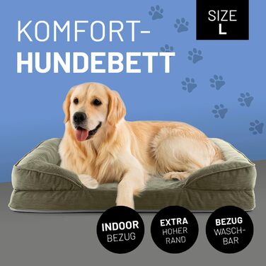 Ортопедичне ліжко для собак Lumaland з корду | Ергономічне собаче ліжко-софа 110x75 см - для великих собак | Нековзне дно | Зручна вага та знімне прання | Собаче ліжко-кошик з Memory Foam Cord - Оливковий 110 x 75 см - L