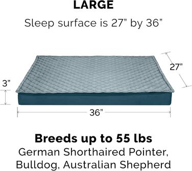 Гіркий собачий лежак Furhaven з охолоджуючим гелем, водовідштовхувальний, для собак середніх та маленьких порід, до 15,9 кг, знімний, пральний чохол, для дому та вулиці, блакитний, розмір L (91 x 69 x 8 см)