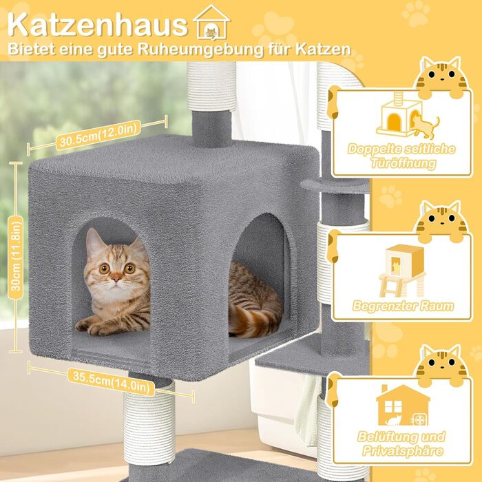 Драбина-кіготь для котів Naizy K1276, сіра, 49x41x93 см - XXL, з сизалевими стовпцями та будиночком