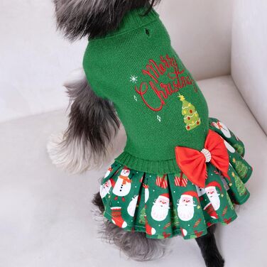 Светр для собак CuteBone на Новий Рік, сукня-водолазка з отвором для повідка, теплий зимовий одяг для маленьких собак, DS78S-DE S, зелений, з бантиком